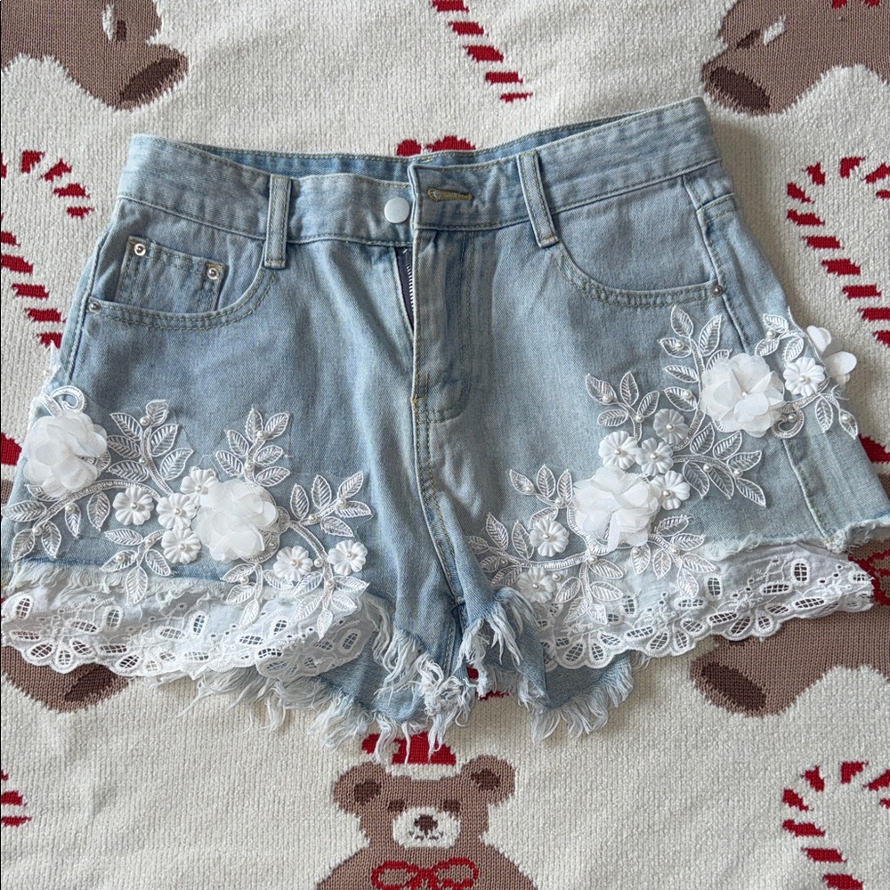 Custom Floral Embroidered Denim Shorts